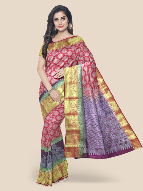 

KLM Fashion Mall Pink & Gold-Toned Silk Blend Woven Design Kanjeevaram Saree