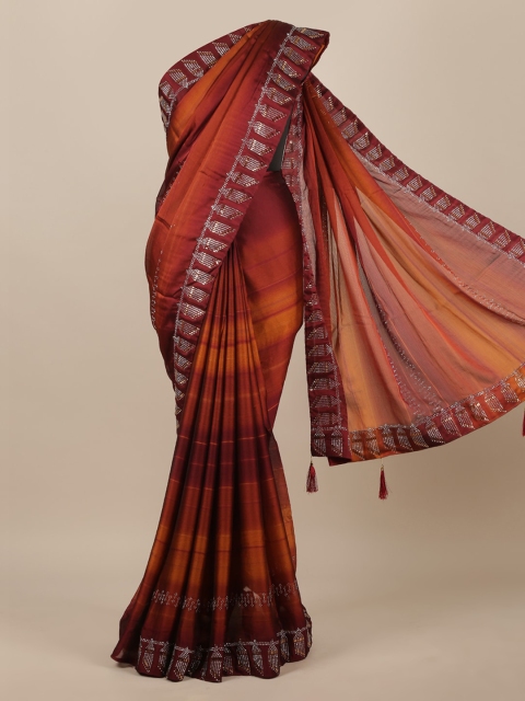 

Pothys Rust Brown Striped Poly Chiffon Saree