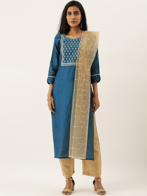 

Varanga Women Teal Blue & Beige Floral Embroidered Panelled Kurta with Trousers & Dupatta