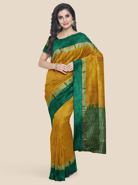 

Kalamandir Mustard & Green Silk Blend Printed Kanjeevaram Saree
