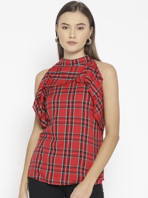 

One Femme Red Checked Ruffles Regular Top