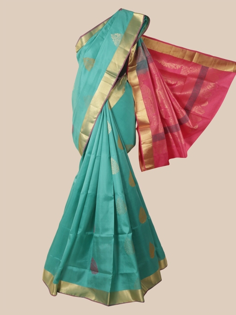 

Pothys Sea Green Ethnic Motifs Zari Pure Silk Saree Kanjeevaram