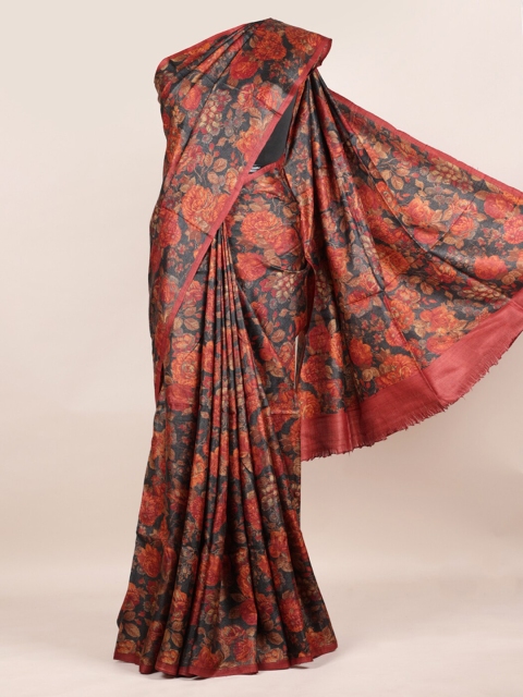 

Pothys Black & Orange Pure Silk Printed Tussar Saree