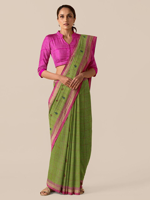 

Taneira Green & Pink Pure Cotton Checked Saree