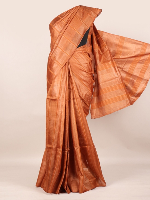 

Pothys Orange Striped Tussar Pure Silk Saree