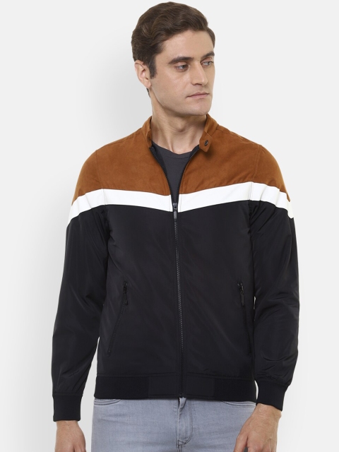 

V Dot Men Black Striped Open Front Jacket