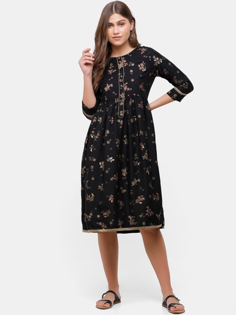 

IMARA Black & Golden Ethnic Motifs Ethnic A-Line Dress