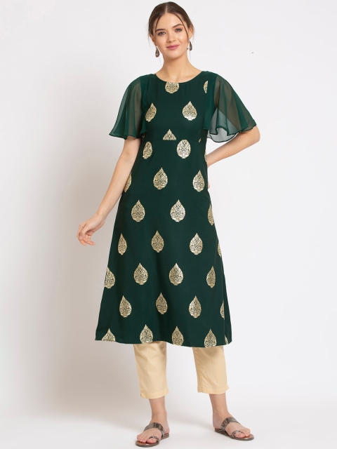 

ALC Creations Women Green & Gold Ethnic Motifs Printed Flared Sleeves Crepe Kurta