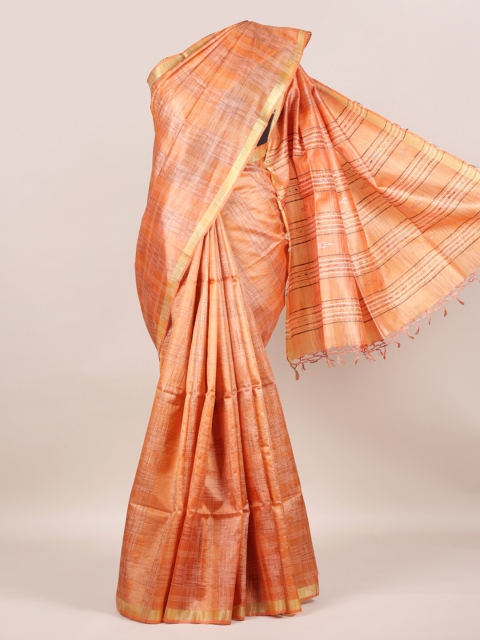 

Pothys Orange Checked Zari Pure Silk Tussar Saree