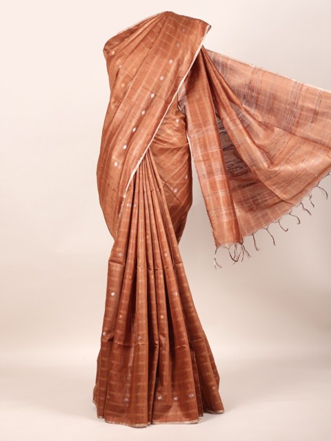 

Pothys Brown Striped Tussar Pure Silk Saree