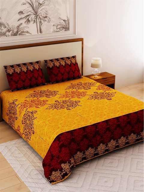 

Salona Bichona Yellow & Brown Ethnic Motifs 120 TC Cotton 1 King Bedsheet with 2 Pillow Covers