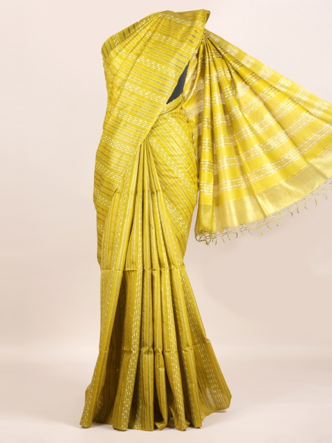 

Pothys Lime Green Striped Pure Silk Tussar Saree