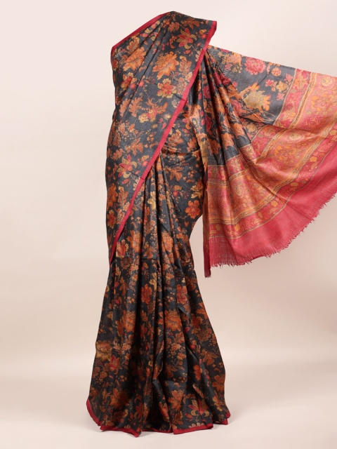 

Pothys Black Pure Silk Floral Printed Tussar Saree