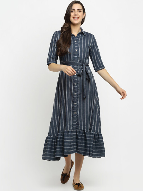 

Rudra Bazaar Charcoal Grey & Off White Striped A-Line Midi Dress