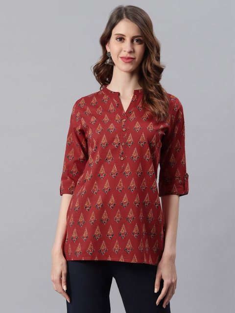 

Janasya Maroon & Black Mandarin Collar Printed Cotton Tunic