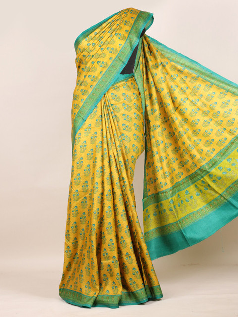 

Pothys Yellow & Turquoise Blue Pure Silk Printed Tussar Saree