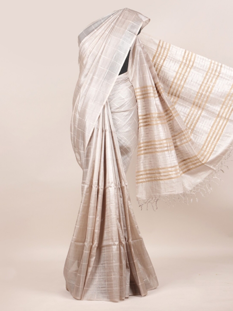 

Pothys Silver-Toned Checked Pure Silk Saree Tussar