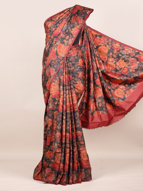 

Pothys Black & Orange Floral Pure Silk Saree Tussar