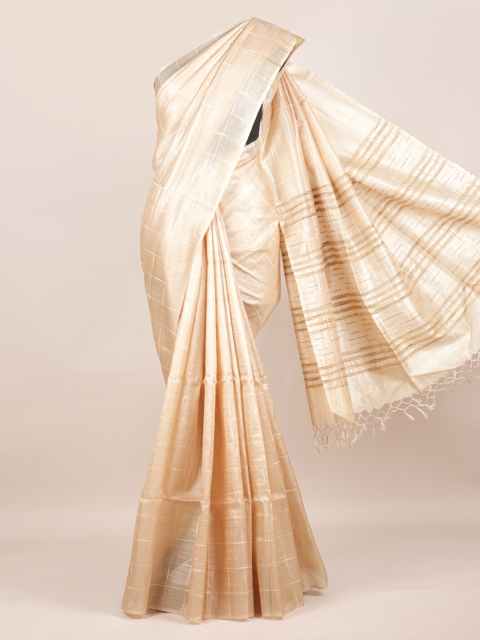 

Pothys Cream-Coloured Pure Silk Checked Tussar Saree