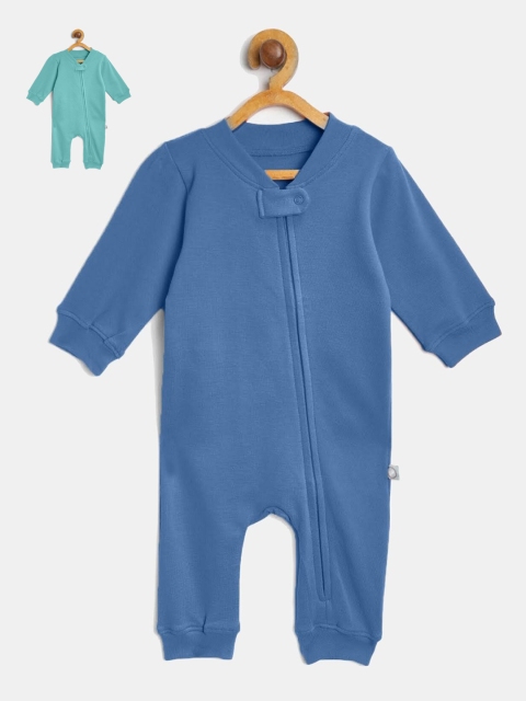 

cherrytoes Infant Kids Pack Of 2 Solid Pure Combed Cotton Sustainable Rompers, Blue