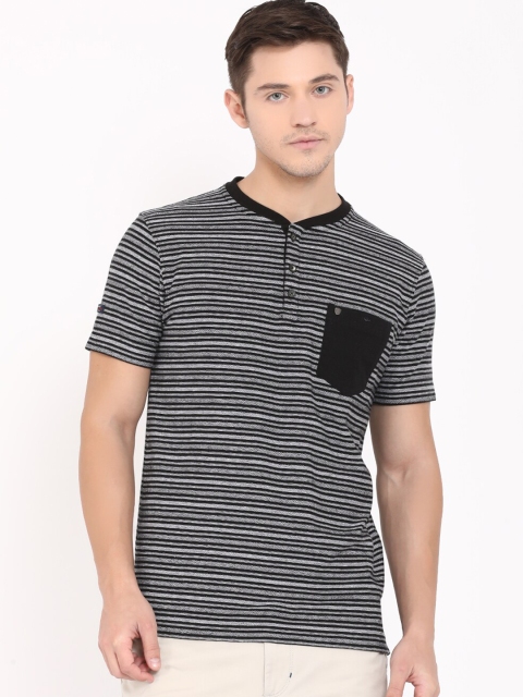 

t-base Men Black & Grey Striped Henley Neck T-shirt