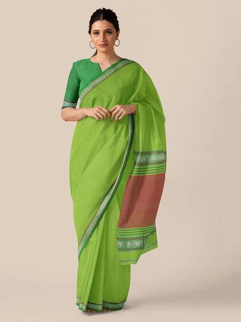 

Taneira Green Silk Cotton Solid Maheshwari Saree