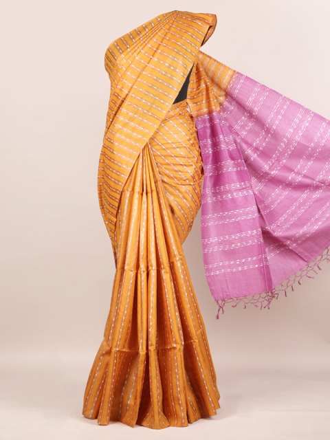 

Pothys Mustard Yellow Pure Silk Striped Tussar Saree