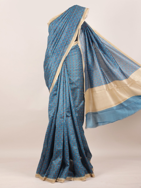 Pothys Blue Pure Cotton Printed Chanderi Saree