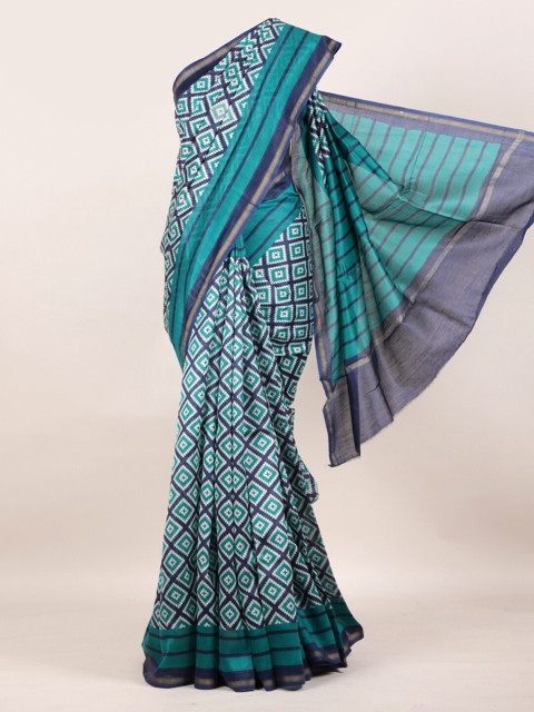Pothys Blue & White Pure Cotton Printed Chanderi Saree