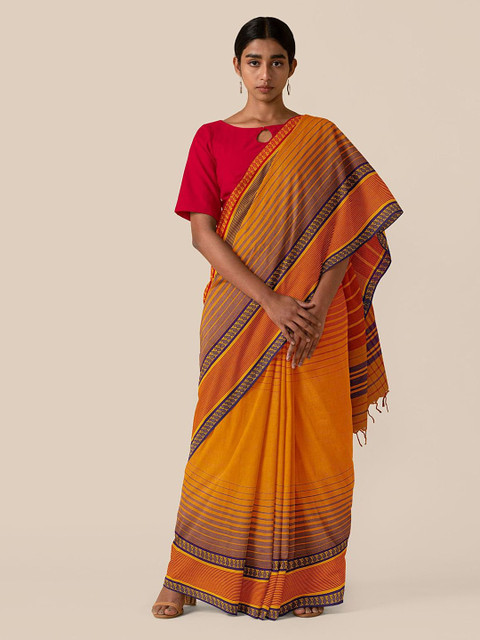 

Taneira Orange Striped Pure Cotton Begumpur Saree