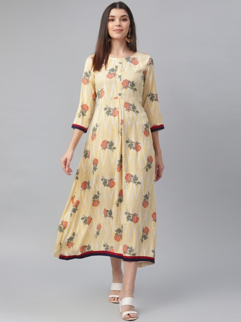 

nesara Yellow Floral A-Line Cotton Midi Dress