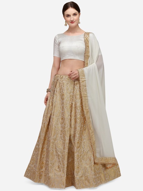 

LOOKNBOOK ART White & Gold-Toned Solid Ready to Wear Lehenga & Unstitched Blouse with Dupatta