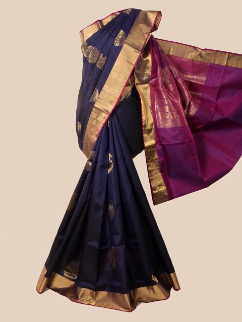 

Pothys Navy Blue & Gold-Toned Pure Silk Woven Design Kanjeevaram Saree