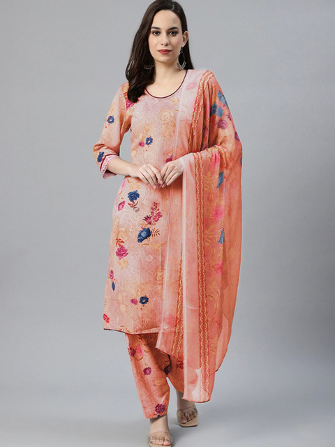 

Chhabra 555 Peach-Coloured & Blue Cotton Blend Unstitched Dress Material
