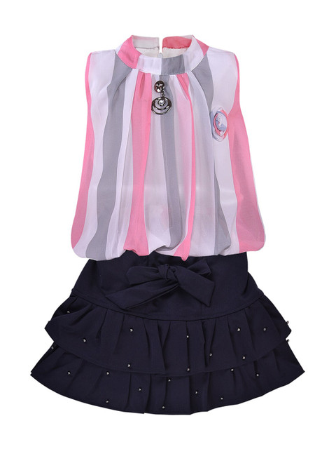 

Wish Karo Girls Pink & Grey Striped Top with Skirt