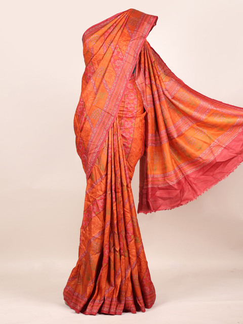 

Pothys Orange Ethnic Motifs Printed Tussar Pure Silk Saree