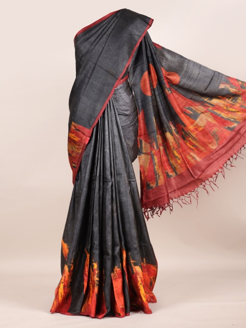 

Pothys Black Pure Silk Solid Tussar Saree