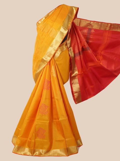 

Pothys Mustard Ethnic Motifs Zari Pure Silk Kanjeevaram Saree