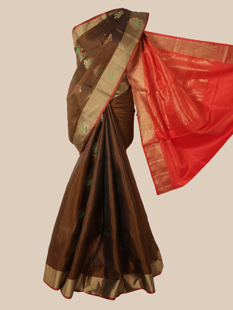 

Pothys Brown & Red Pure Silk Woven Design Kanjeevaram Saree