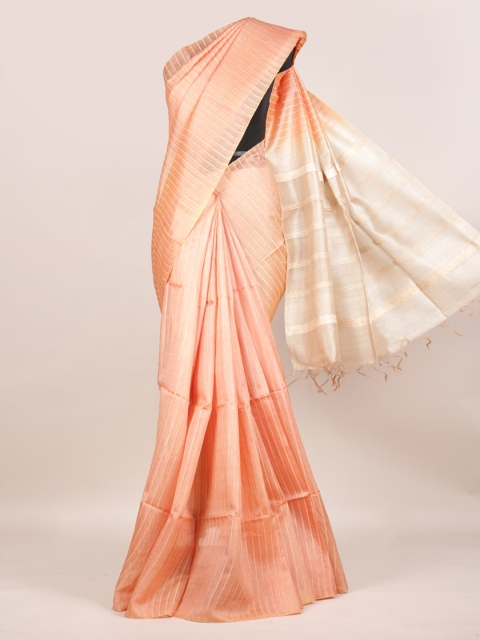 

Pothys Peach-Coloured & Cream-Coloured Pure Silk Striped Tussar Saree