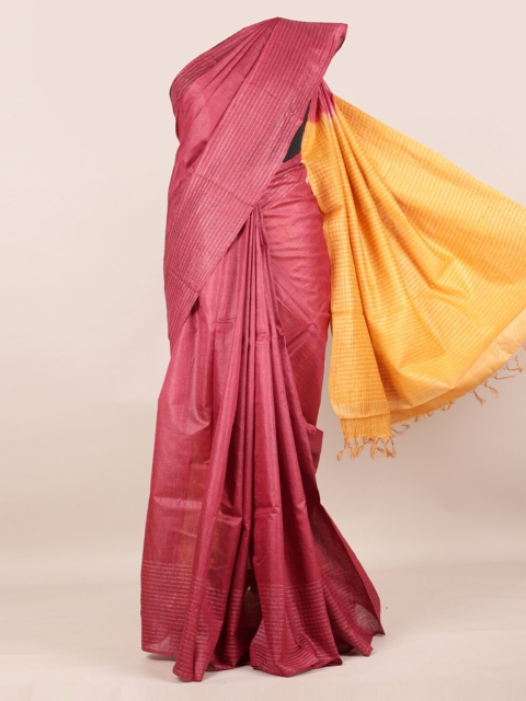 

Pothys Pink & Yellow Pure Silk Solid Tussar Saree