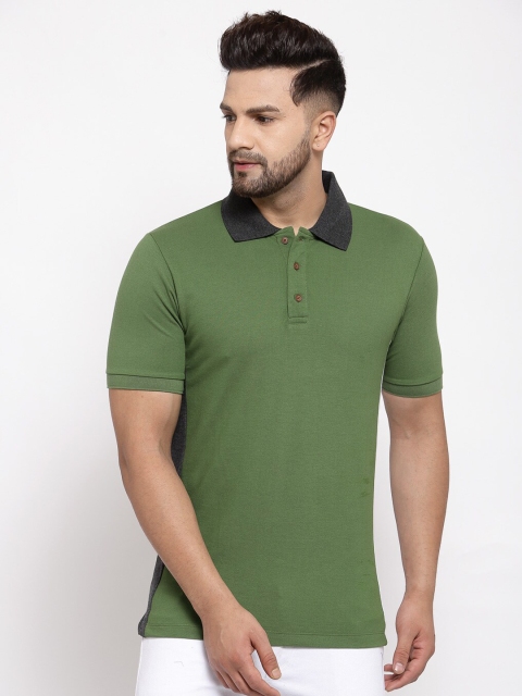 Kalt Men Olive Green Solid Polo Collar T-shirt