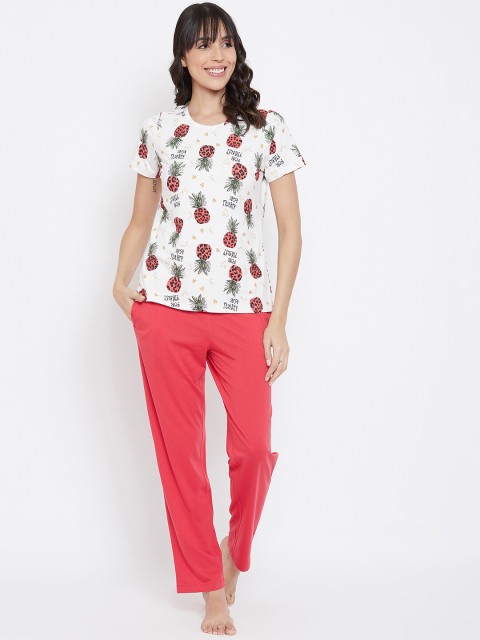 

MADAME M SECRET Women Off-White & Pink Printed Night suit
