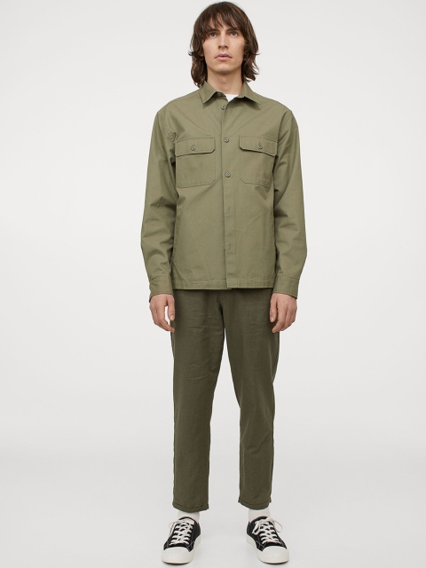 

H&M Men Green Solid Regular Fit Linen Mix Trousers