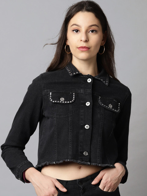 

Blue Saint Women Black Lightweight Crop Denim Jacket