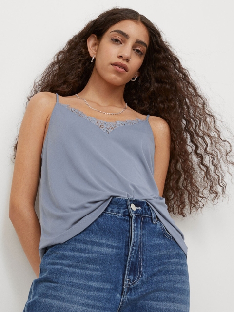 

H&M Women Blue Solid Lace Trimmed Cami Top