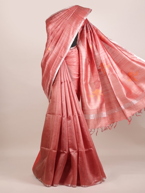 

Pothys Pink Pure Silk Solid Tussar Saree