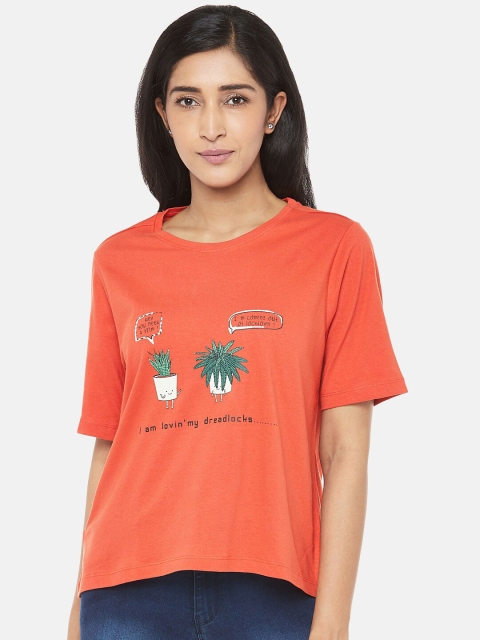 

People Women Orange Printed Drop-Shoulder Sleeves T-shirt