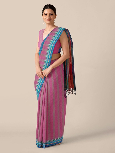 

Taneira Pink Striped Pure Cotton Bengal Saree