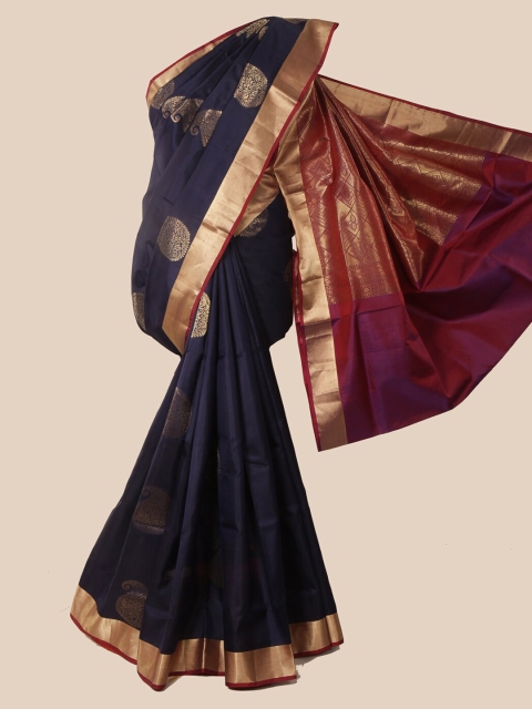 

Pothys Navy Blue & Gold-Toned Pure Silk Woven Design Kanjeevaram Saree